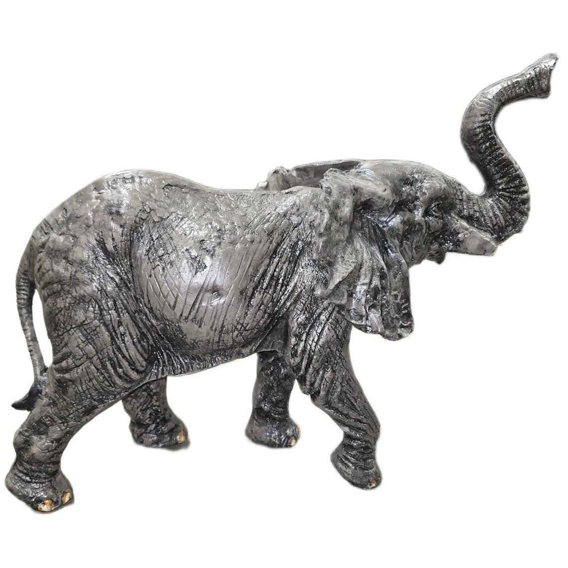 Cast aluminum elephant statue with raised trunk, detailed texture for garden or home decor