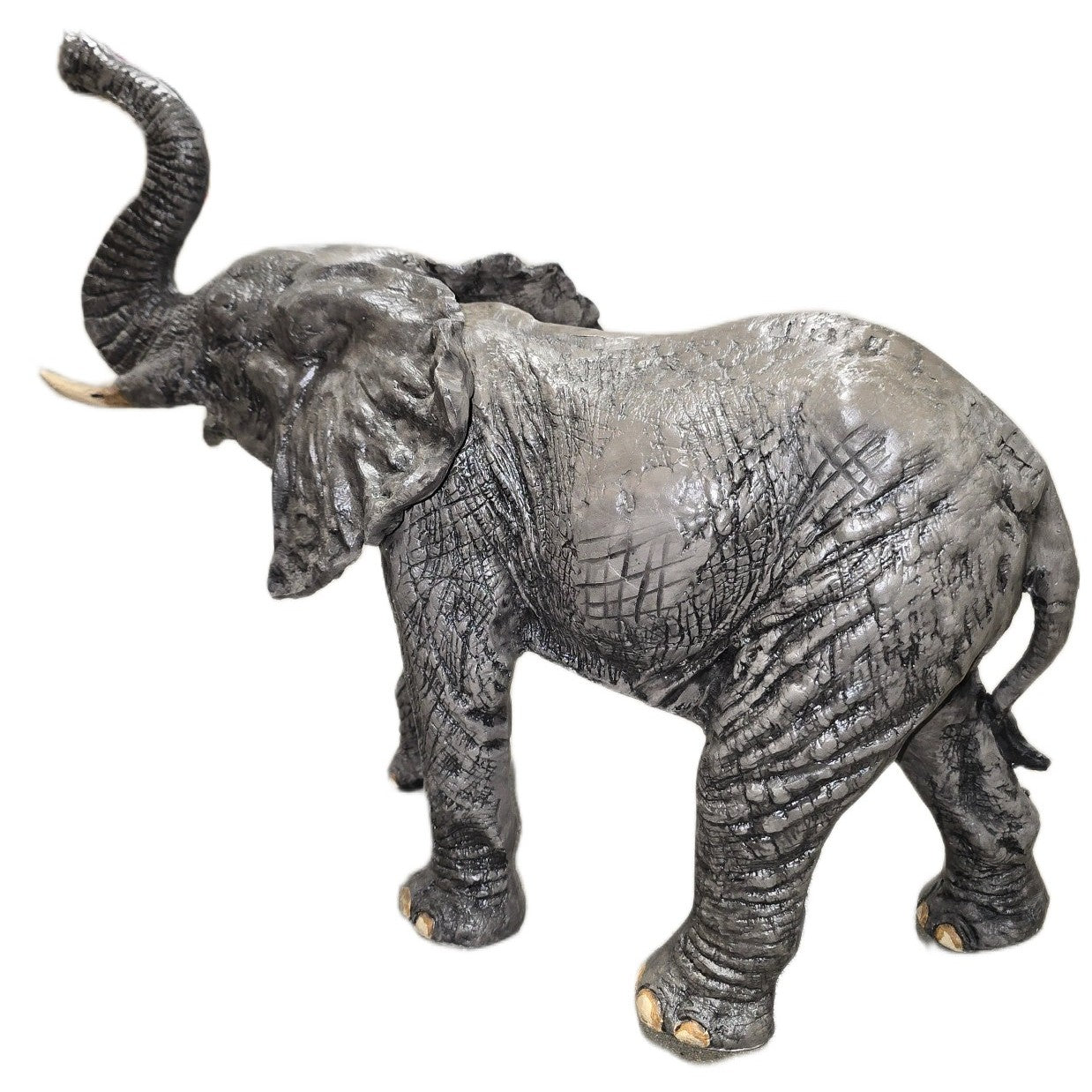 Cast aluminum elephant statue with raised trunk, detailed texture for yard or home decor