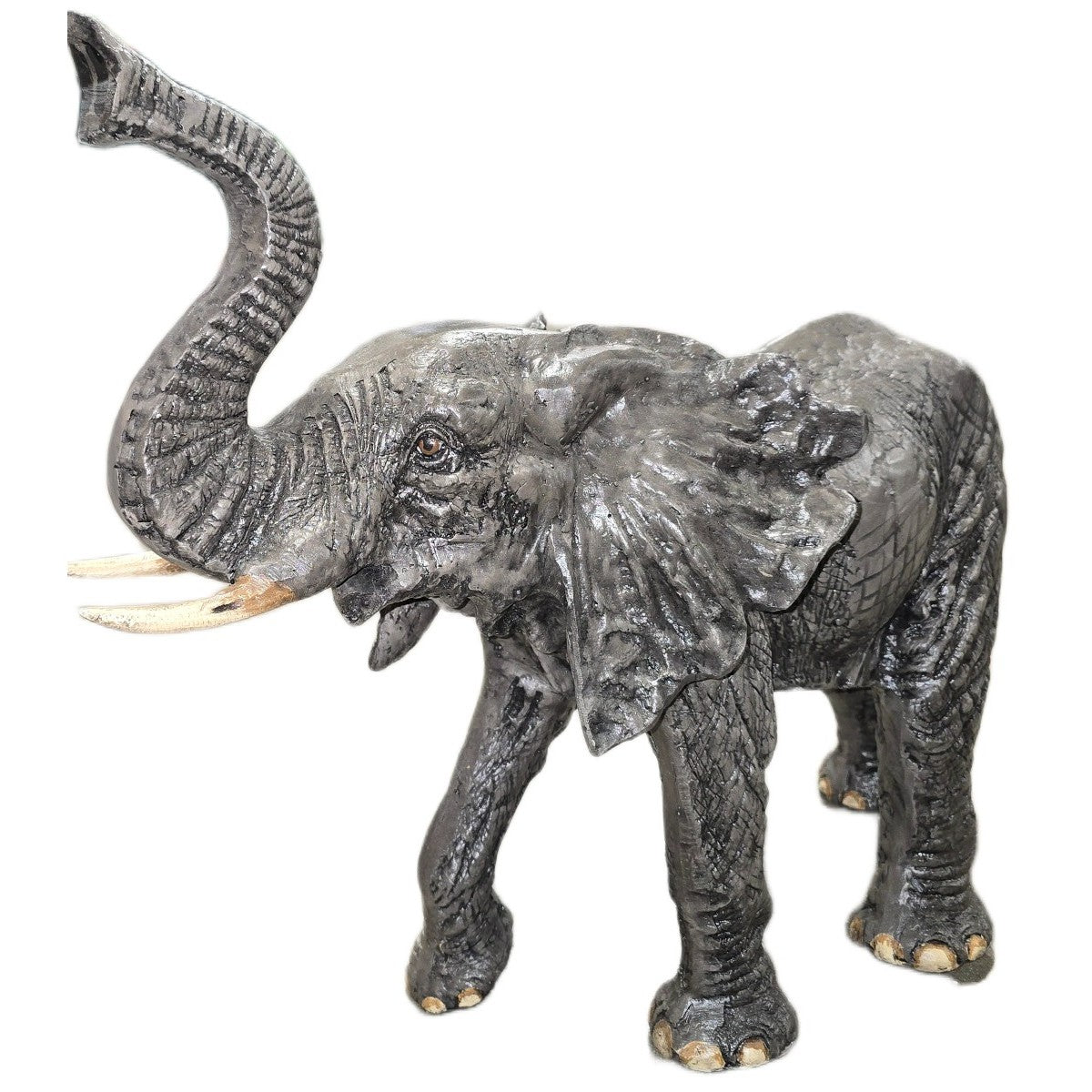 Cast aluminum elephant statue with raised trunk, detailed texture, for yard or home decor