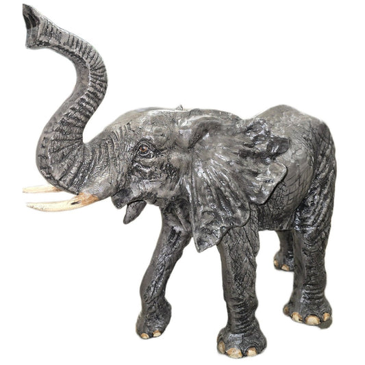 Cast aluminum elephant statue with raised trunk, detailed texture, for yard or home decor