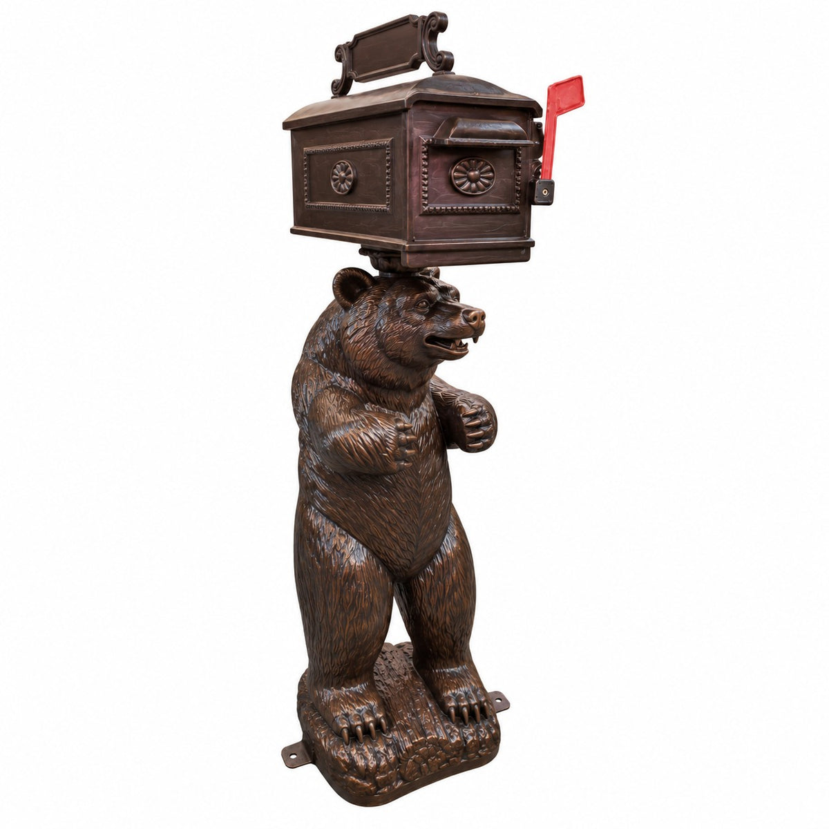 Detailed craftsmanship cast aluminum grizzly bear holding a mailbox in bronze finishes