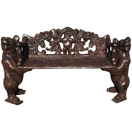 Cast aluminum garden bench with bear statues and leafy backrest, outdoor yard decor