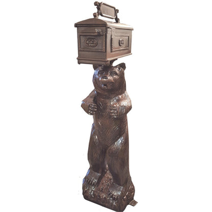 Cast aluminum bear statue holding decorative mailbox for yard or home decor