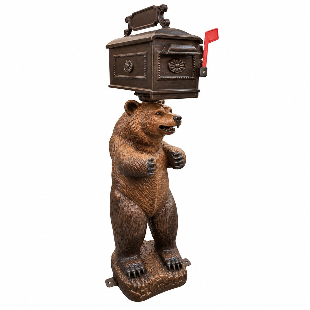 Detailed craftsmanship cast aluminum grizzly bear holding a mailbox
