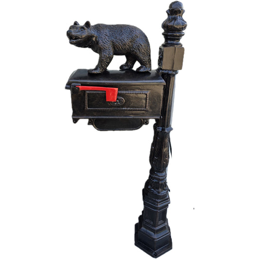Cast aluminum bear mailbox with ornate post, red flag, rustic outdoor decor for yard or home