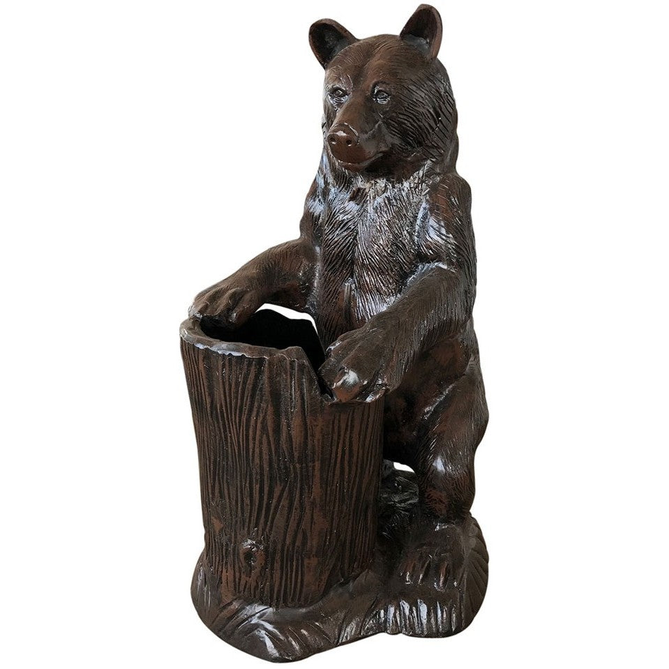 Cast aluminum bear statue peeking from tree stump, outdoor yard decor