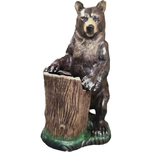 Cast aluminum bear statue peeking from tree stump, outdoor yard decor