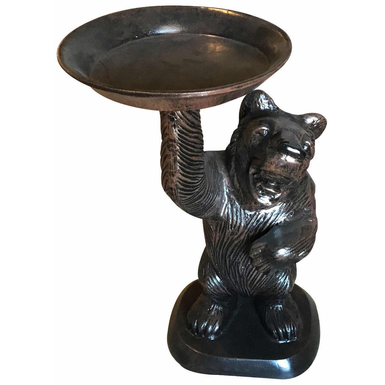 Cast aluminum bear statue holding birdbath, outdoor garden decor with rustic finish
