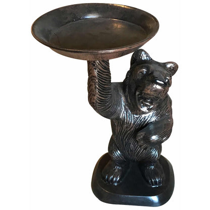 Cast aluminum bear statue holding birdbath, outdoor garden decor with rustic finish