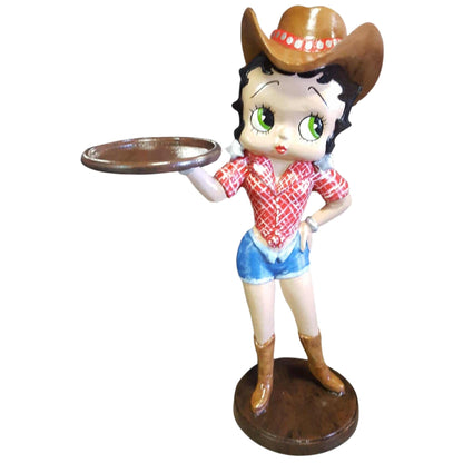 Betty Boop cowboy statue holding tray, cast aluminum yard decor with hat and boots