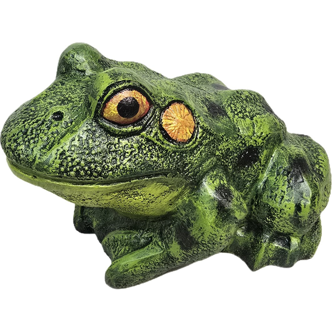 Green cast aluminum frog statue with detailed texture and amber eyes for garden or yard decor