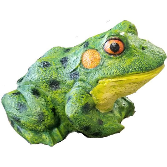 Green cast aluminum frog statue with black spots and orange eyes for garden or yard decor
