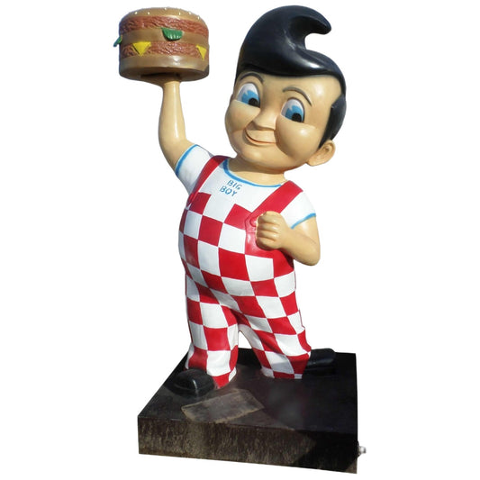 Cast aluminum Big Boy statue holding burger, red and white checkered overalls, yard decor
