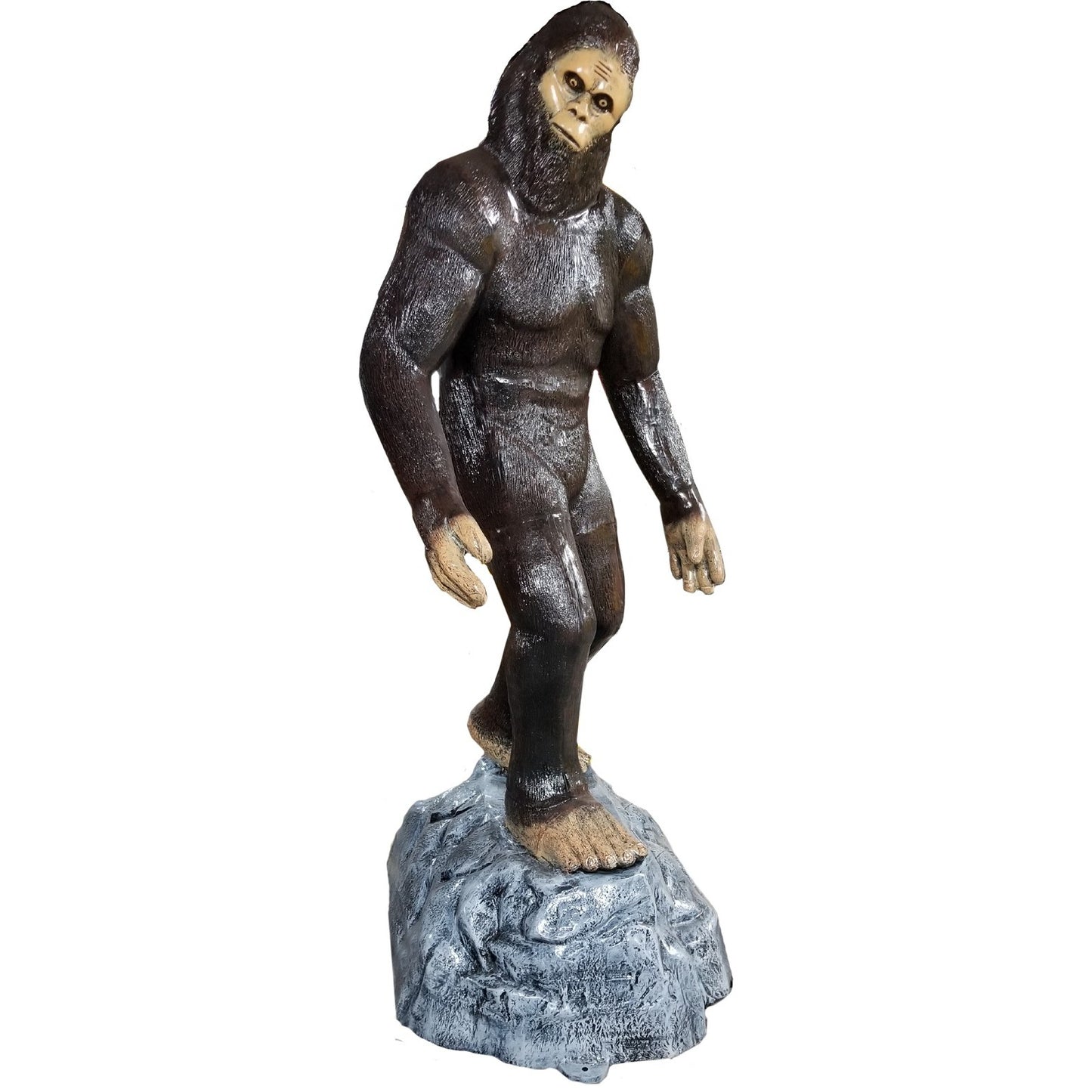 Cast aluminum Bigfoot statue for outdoor display, standing on rocky base