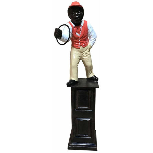 Cast aluminum statue of a man in red vest and hat, holding a ring, on black pedestal for yard decor