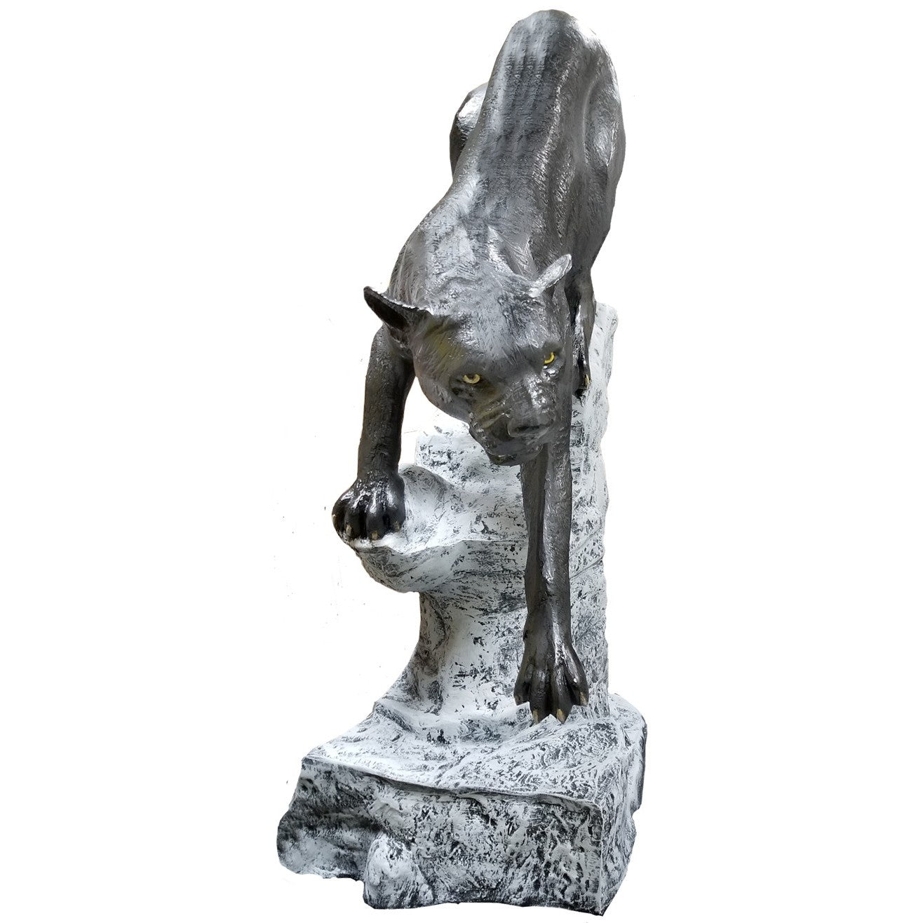 Cast aluminum panther statue poised on rock, ideal for yard or home decor with striking yellow eyes