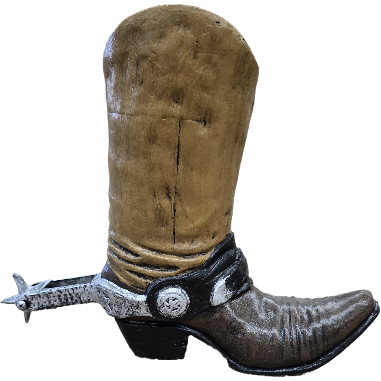 Cast aluminum cowboy boot statue with spur, rustic outdoor decor for yard or home