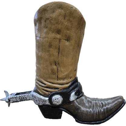 Cast aluminum cowboy boot statue with spur, rustic outdoor decor for yard or home