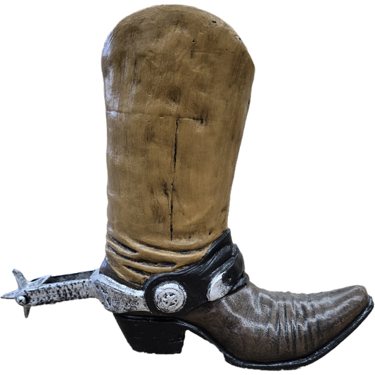 Cast aluminum cowboy boot statue with spur, rustic outdoor decor for yard or home