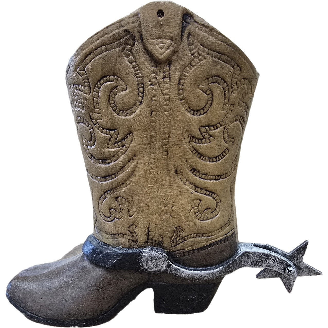 Cast aluminum cowboy boot statue with star spur, rustic outdoor decor for yard or home