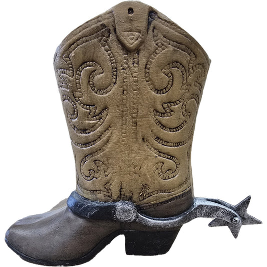 Cast aluminum cowboy boot statue with star spur, rustic outdoor decor for yard or home
