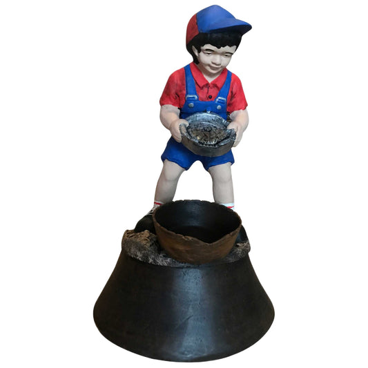 Boy in overalls holding bowl, cast aluminum garden statue for yard decor