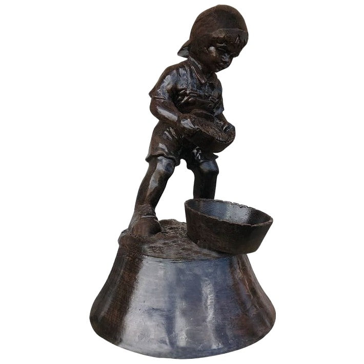 Cast aluminum boy statue holding bowl, garden decor sculpture with rustic finish