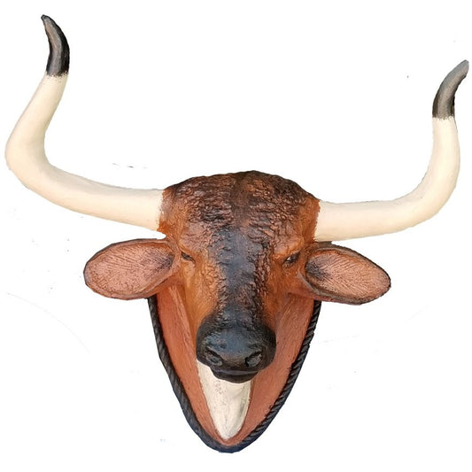 Cast aluminum longhorn bull head wall decor with detailed horns and rustic finish