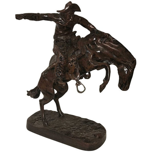 Cast aluminum cowboy on bucking horse statue for yard or home decor
