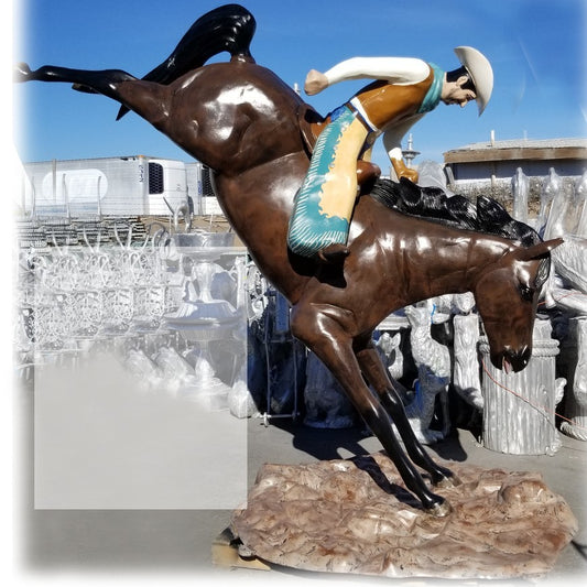 Cast aluminum cowboy riding bucking horse statue for yard decor