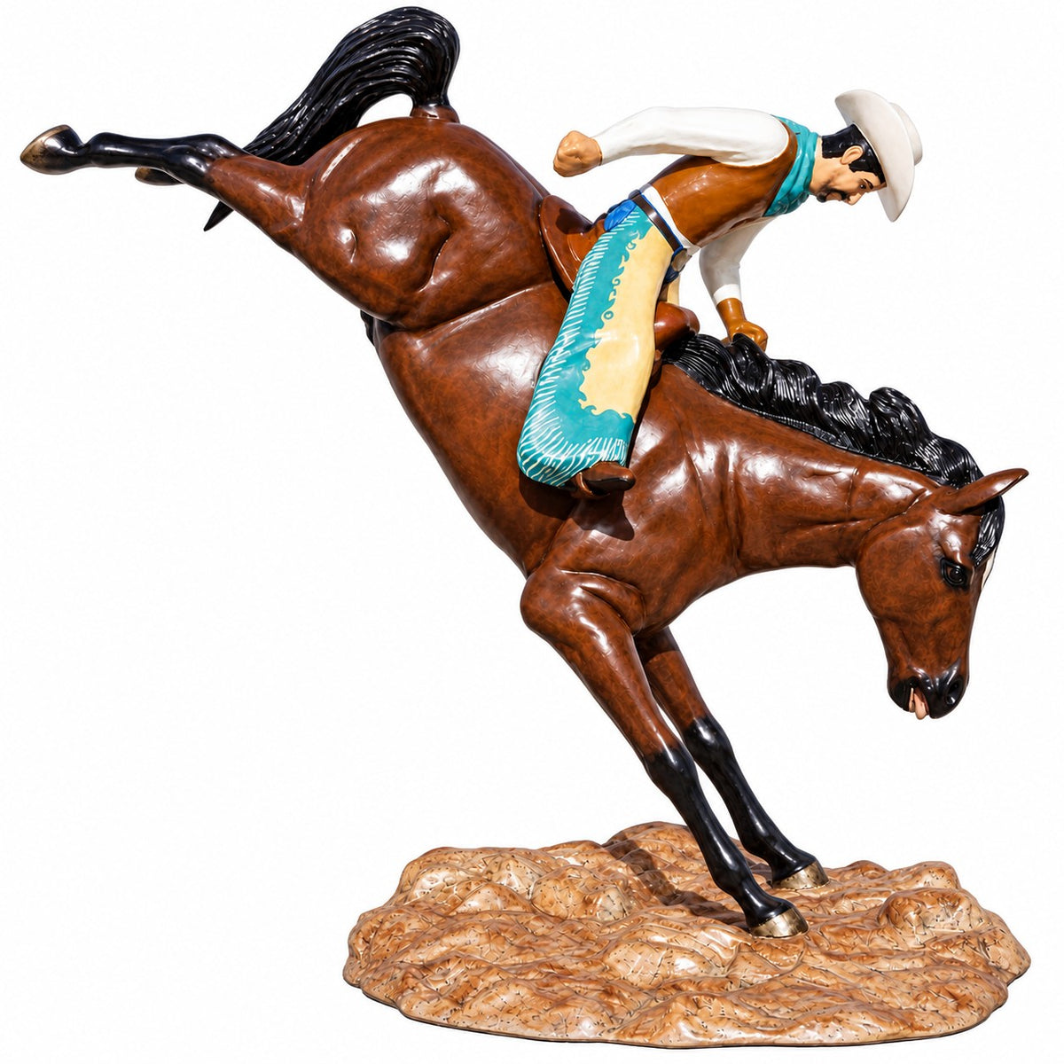 Full size cast aluminum bucking horse with rider for any outdoor space.  Perfect for residential or commercial use.