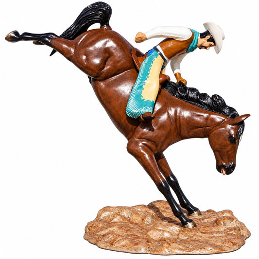 Full size cast aluminum bucking horse with rider for any outdoor space.  Perfect for residential or commercial use.