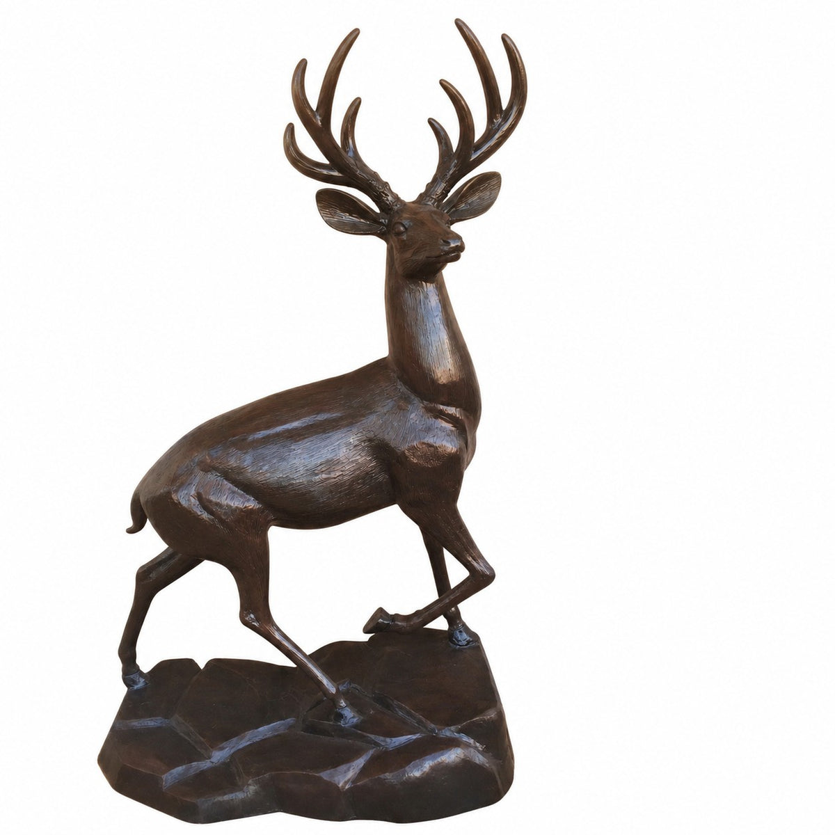 Cast aluminum buck on rock statue for yards and gardens