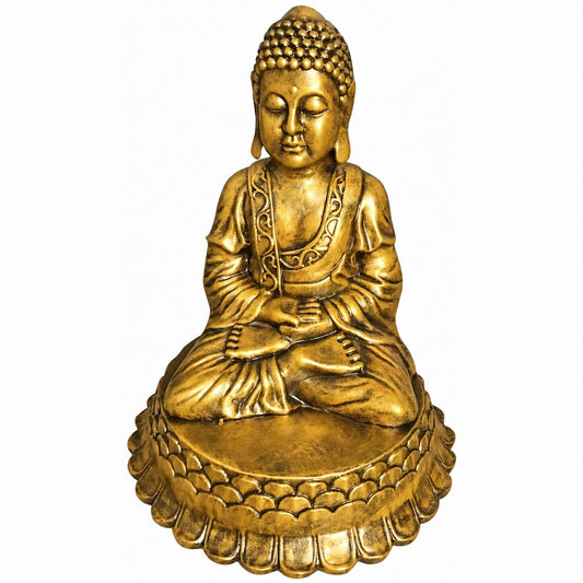 Cast aluminum oriental buddha in golden paint colors for any decor space.