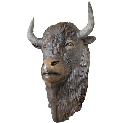 Cast aluminum buffalo head wall mount featuring detailed textured fur, expressive eyes, and upward-curving horns with natural highlights.  