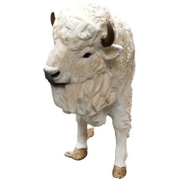 White cast aluminum bison statue for yard decor, detailed craftsmanship