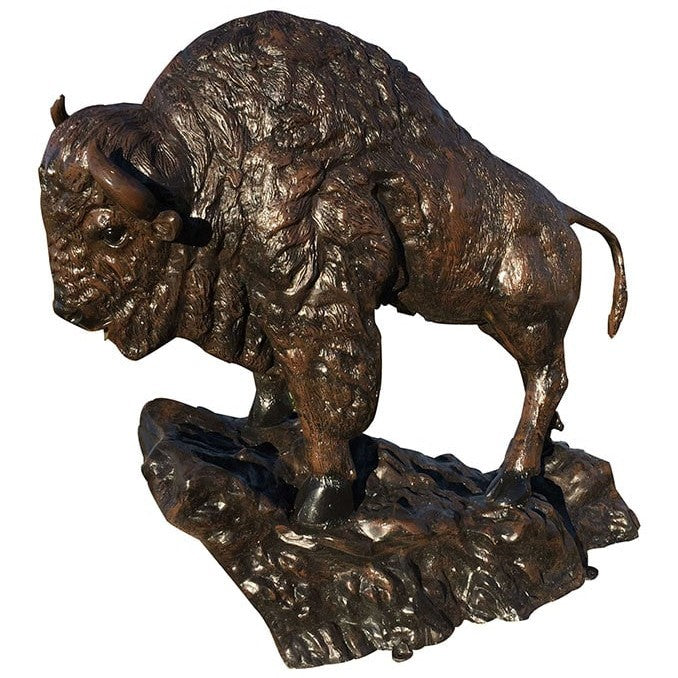 Cast aluminum bison statue for yard or home decor, detailed bronze finish on rocky base