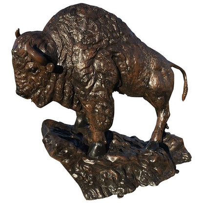 Cast aluminum bison statue for yard or home decor, detailed bronze finish on rocky base