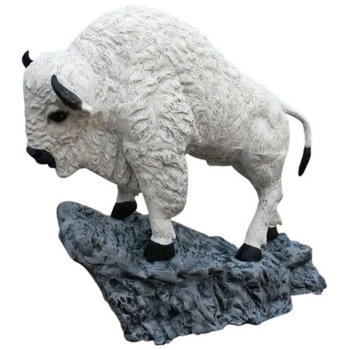 White bison statue on rocky base, cast aluminum yard decor for home or garden