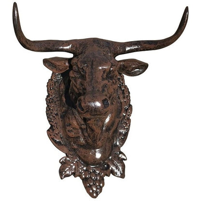 Cast aluminum longhorn bull head wall decor with grapevine accents, rustic outdoor statue