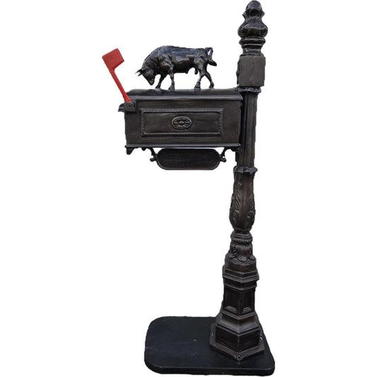 Cast aluminum mailbox with bull statue, ornate post for yard decor