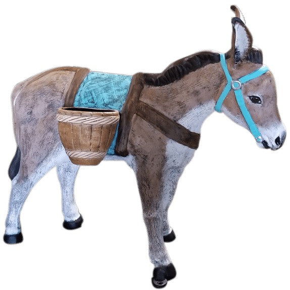 Cast aluminum donkey statue with basket and turquoise saddle, ideal for yard or home decor