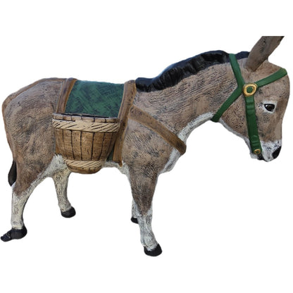 Cast aluminum donkey statue with green harness and basket, perfect for yard or home decor