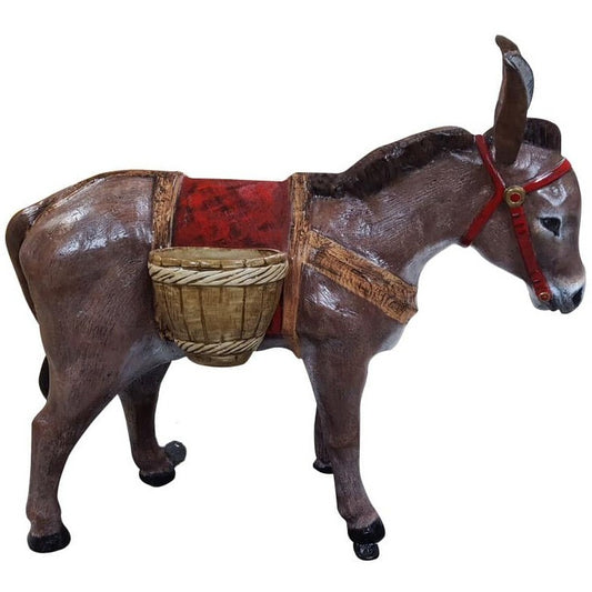 Cast aluminum donkey statue with red saddle and basket, perfect for yard or home decor