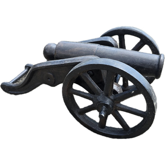 Cast aluminum cannon statue for yard or home decor, black finish with detailed wheels