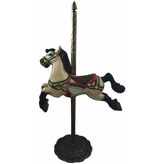 Cast aluminum carousel horse statue for yard or home decor, classic design with colorful saddle