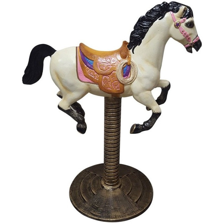 White carousel horse statue with pink saddle, cast aluminum yard decor for home or garden