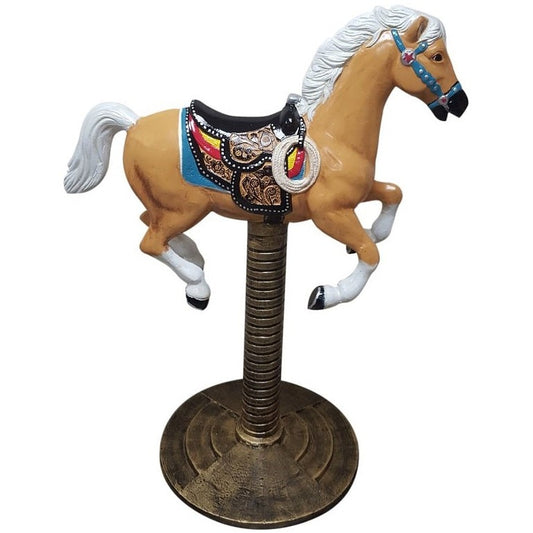 Cast aluminum horse statue with colorful saddle, perfect for yard or home decor