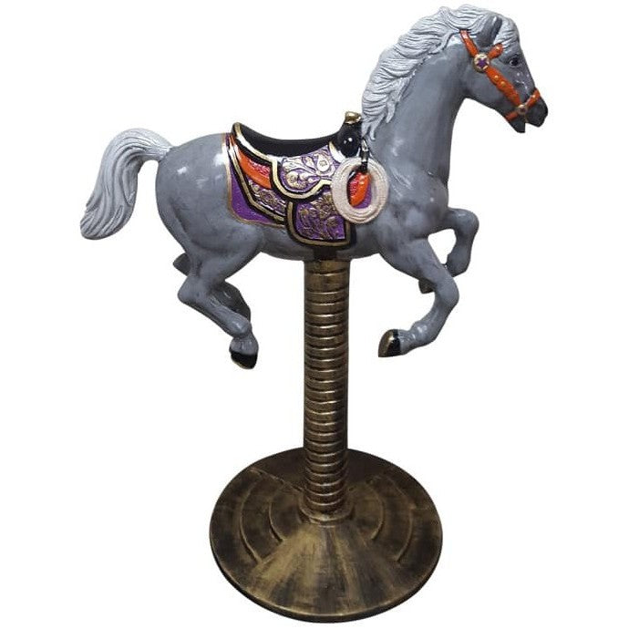 Gray cast aluminum carousel horse statue with purple saddle, perfect for yard or home decor