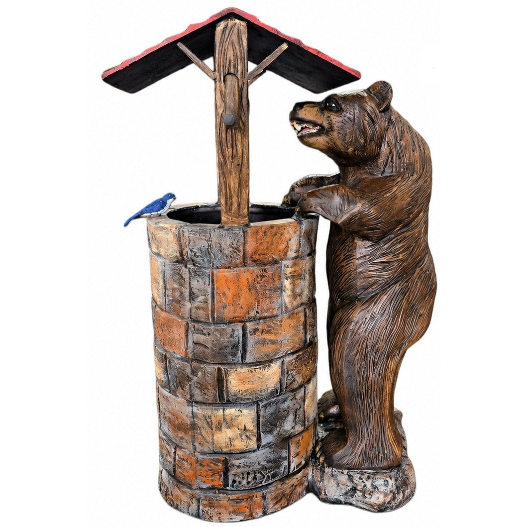 Cast aluminum wishing well with a 4-foot bear for gardens or flower beds